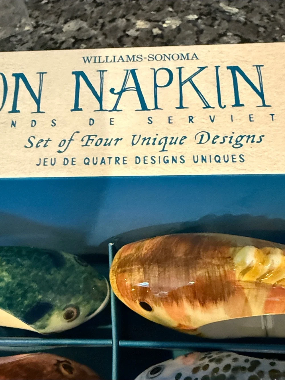 Set of 4 Williams Sonoma “Poisson” Fish Ceramic Napkin Rings in Box